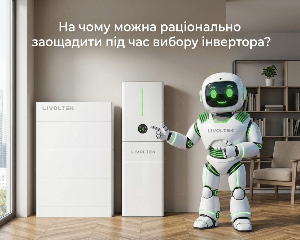 Домашня система накопичення енергії Livoltek: інвертор та батареї у квартирі. Текст банера: На чому можна раціонально заощадити під час вибору інвертора?