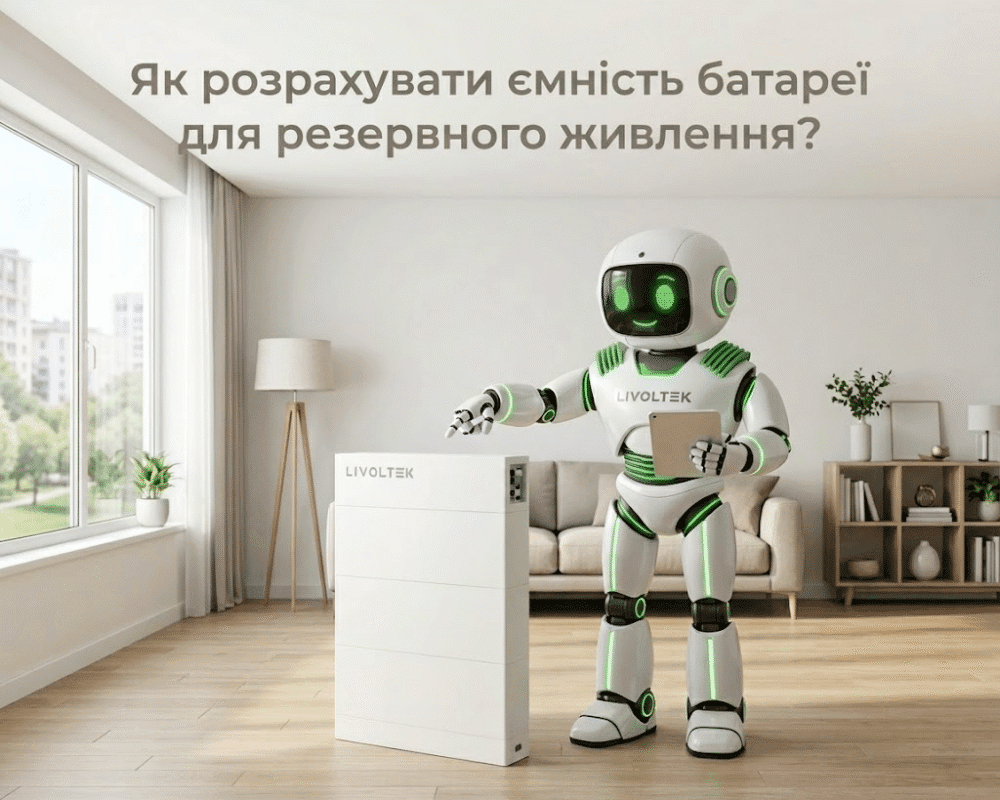 Домашня система збереження енергії Livoltek та фірмовий робот-помічник у сучасному інтер'єрі. Ілюстрація до статті про розрахунок ємності акумулятора для резервного живлення.